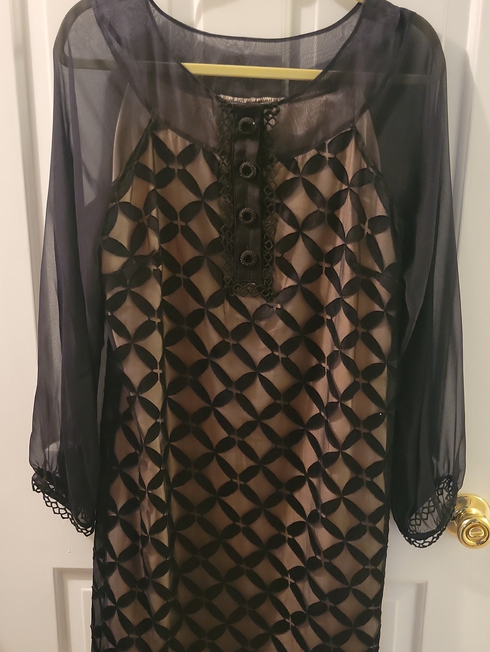 Black and Nude Sheer Sleeve Geometric Lace Overlay Top